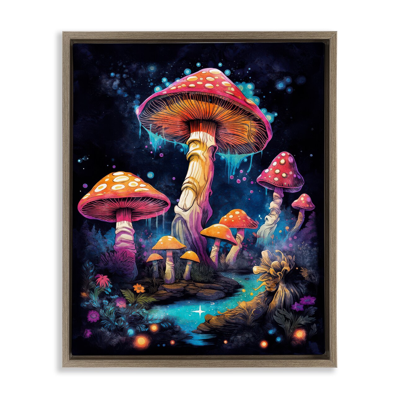 Stupell Industries Psychedelic Mushroom Scene Framed Floater Canvas Wall Art Design by Nina Blue